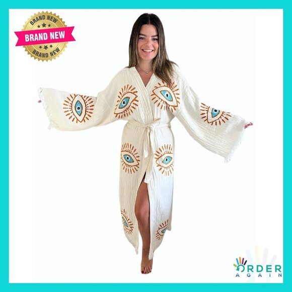 Sweaters - Handmade Evil Eye Kimono Boho Cotton Cardigan Festival Beach Cover Up
